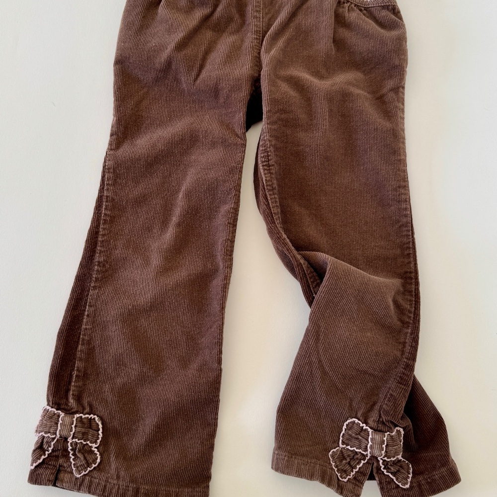 Brown Corduroy Kids Pants with Bow Accents